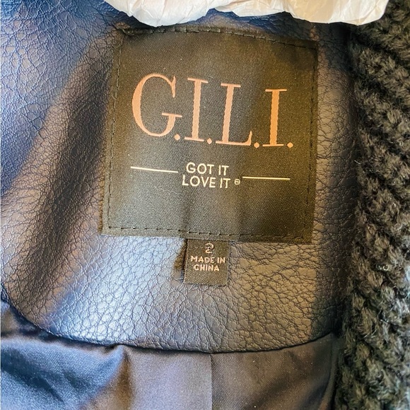 G.I.Ll. Blue faux leather belted moto jacket, attached knit shawl collar NWOT - Picture 12 of 15